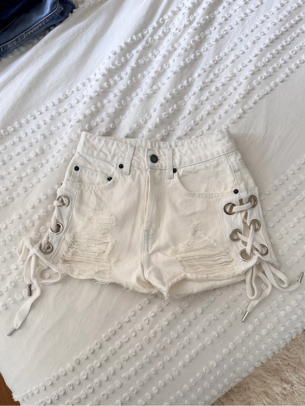 LF Carmar White Lace-Up Distressed Denim Shorts